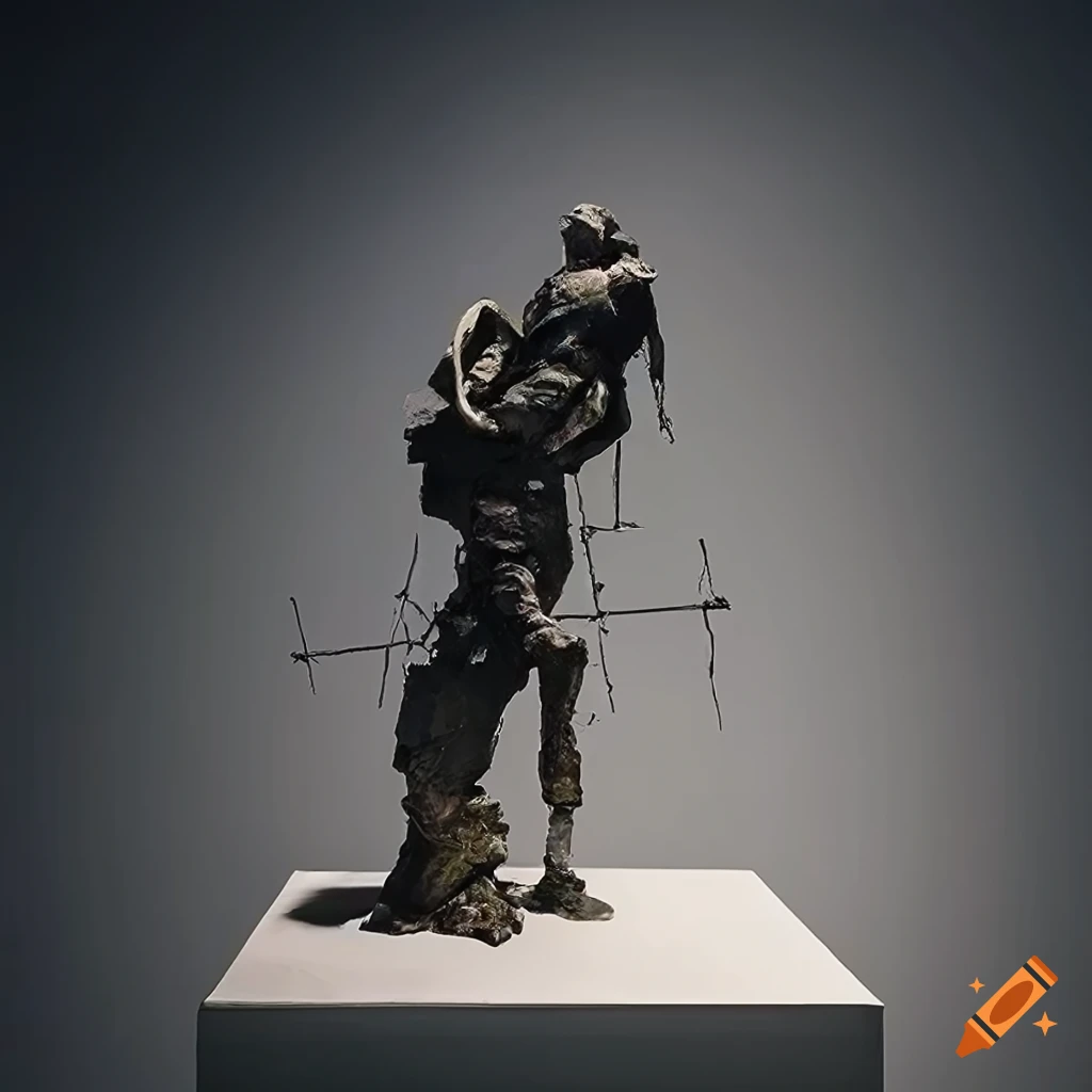 Sculpture of action figure on garbage heap by marc chagall