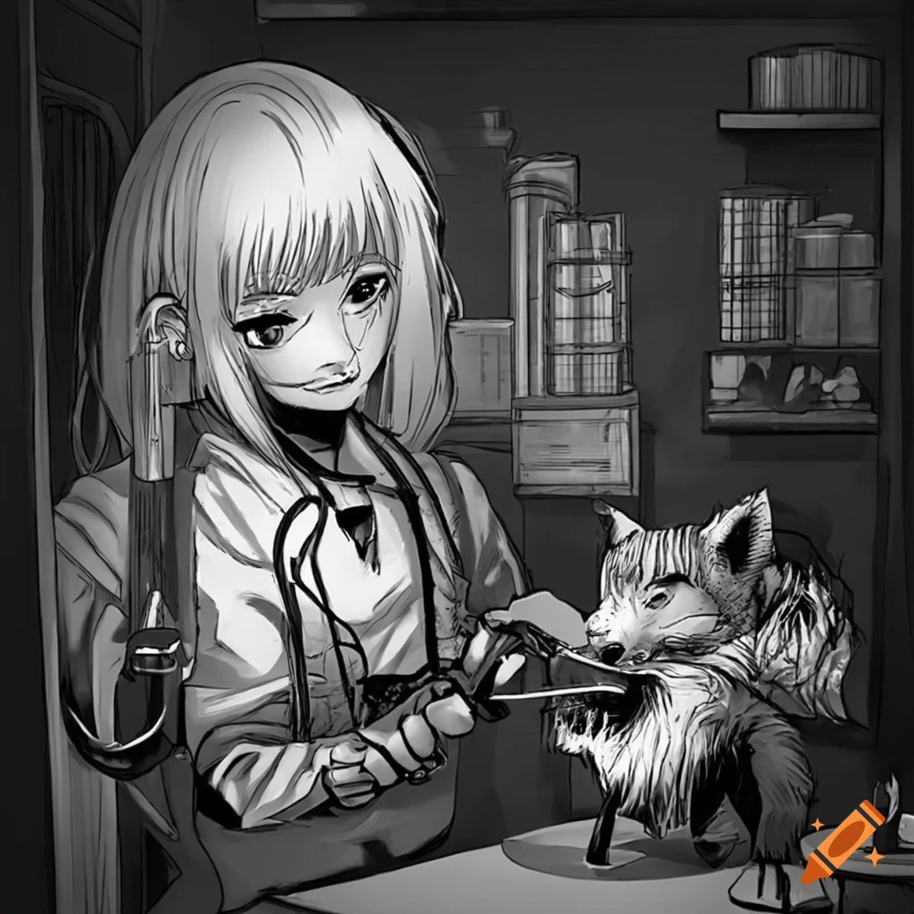 Fox at a medical checkup with a stern veterinarian in a dark clinic