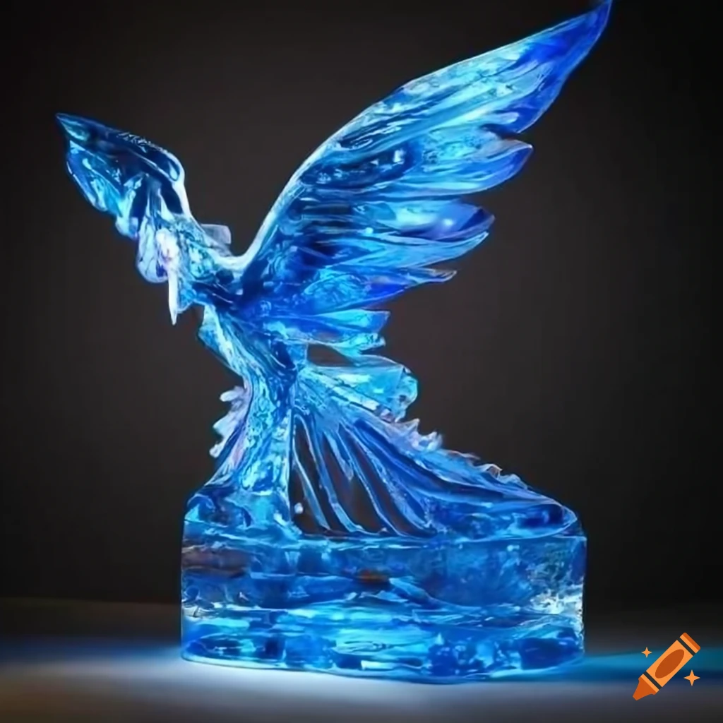 Phoenix ice sculpture shining with blue fire in dark lighting on Craiyon