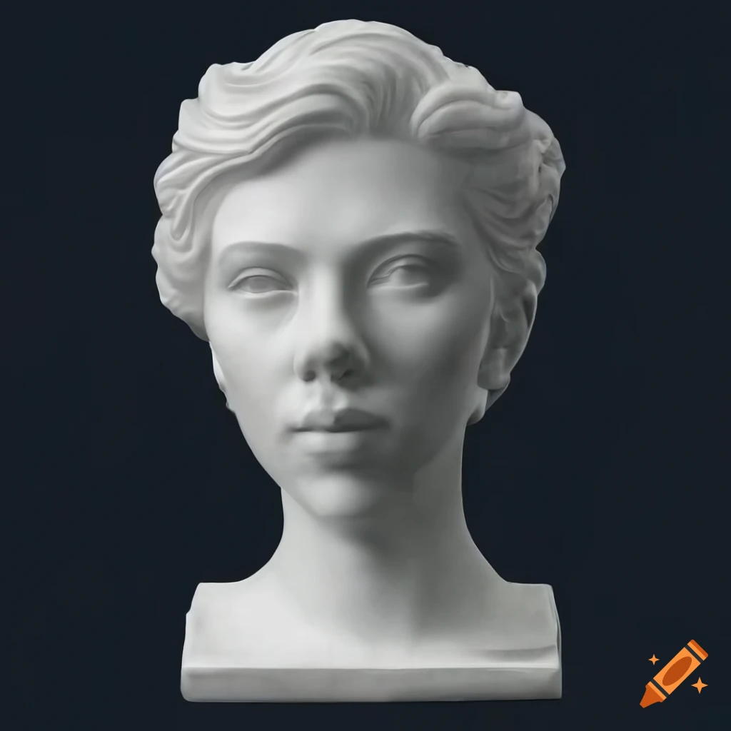 Marble sculpture of scarlett johansson's face and neck in soft light