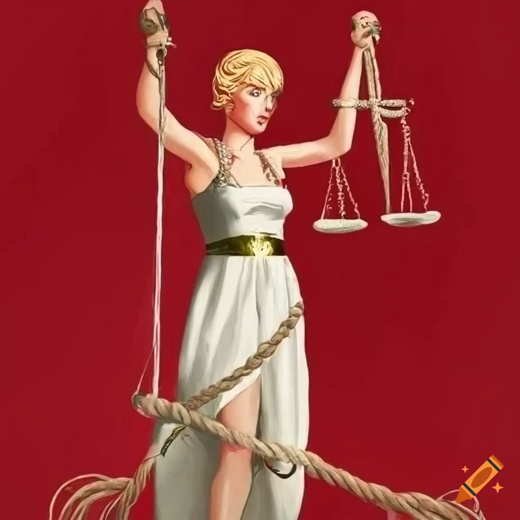 Lady Justice with short strawberry blonde hair in a dress made of gunny ropes on Craiyon Lady Justice with short strawberry blonde hair in a dress made of gunny ropes on Craiyon