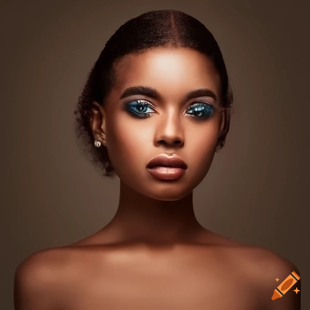 Confidently posing brown-skinned model with vibrant hair and festive clothing in natural setting