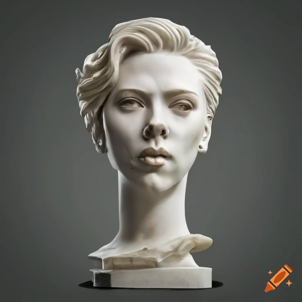 Roughly carved white marble sculpture of scarlett johansson's face and neck