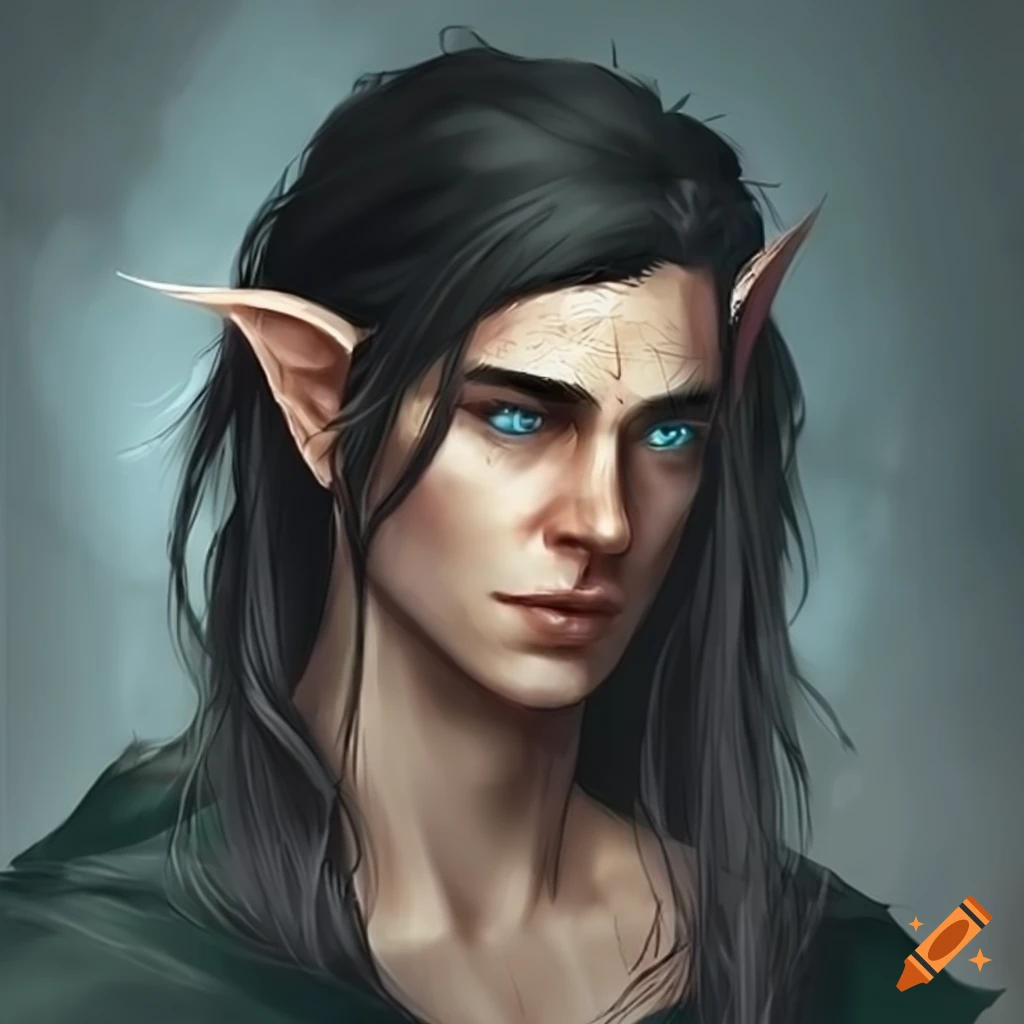 Male half-elf with black hair and light blue eyes in a medieval setting ...