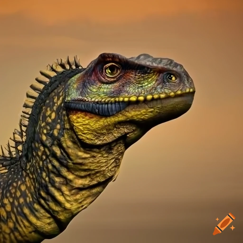Hefty Iguanodon dinosaur with intricate color pattern in cool morning light