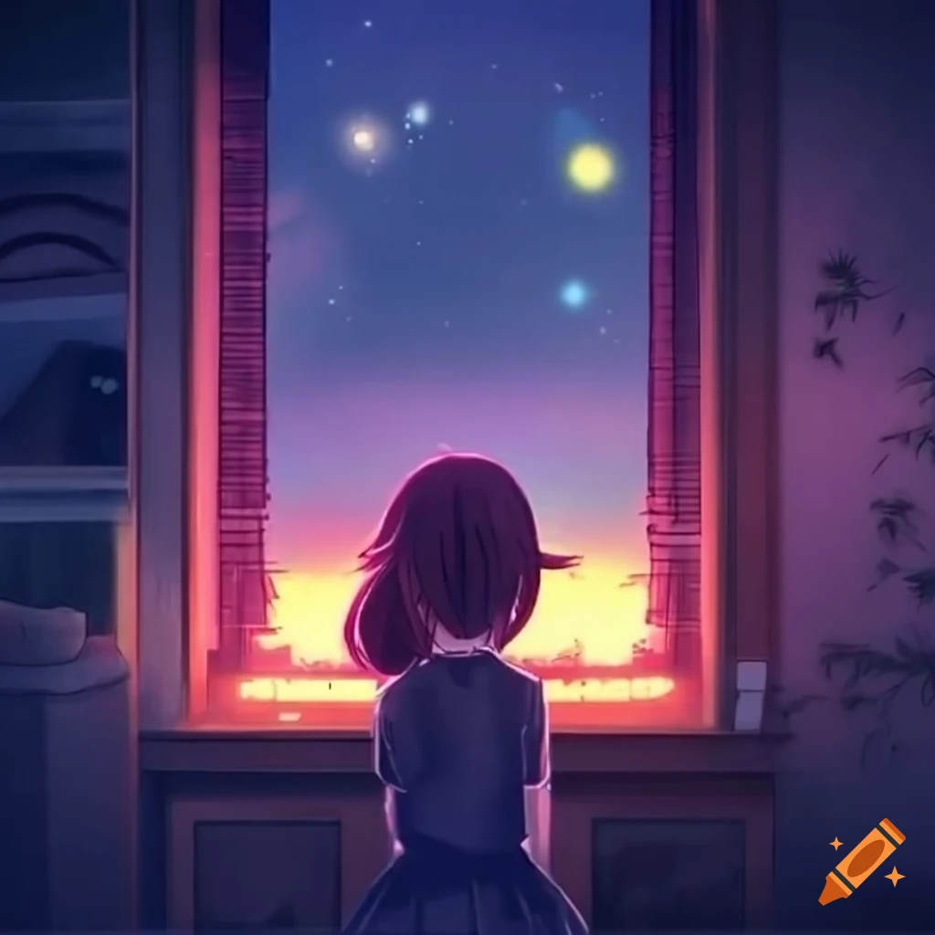 Anime loft house with girl and cat looking at starry sky on Craiyon