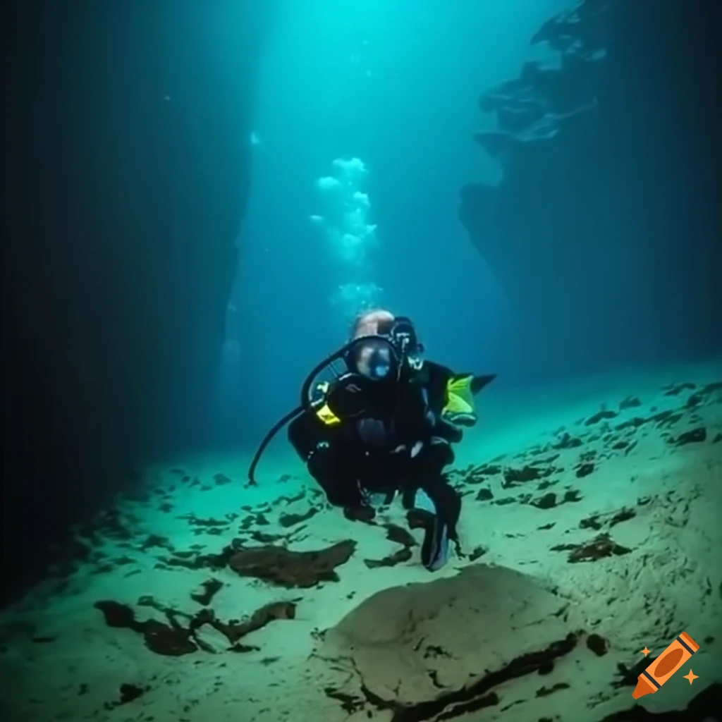 Diver exploring a dark underwater cave