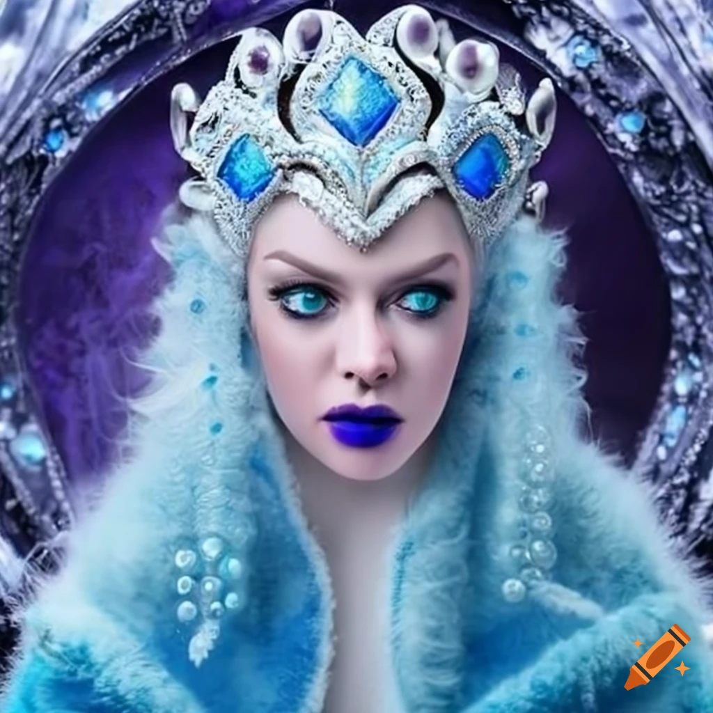 Ice queen with thick fuzzy robes and pearls