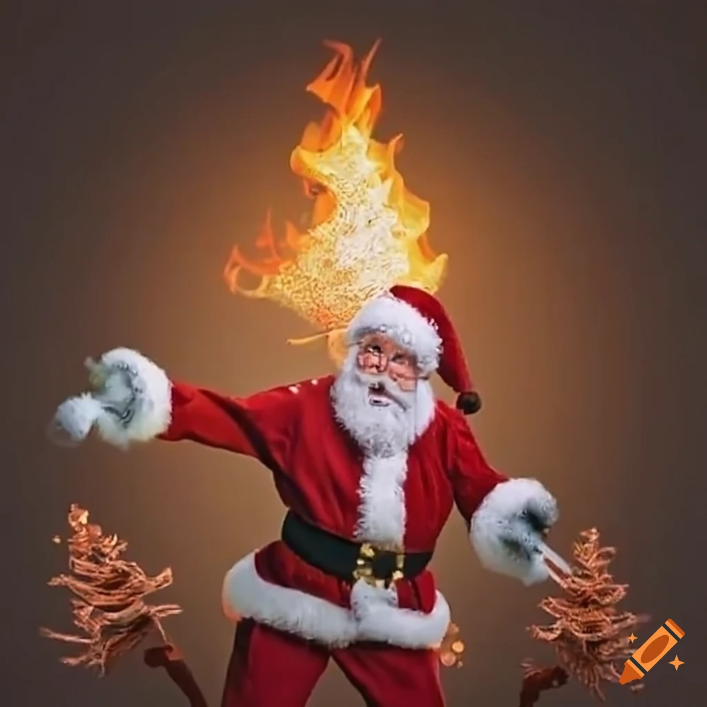 Santa claus throwing fiery christmas trees