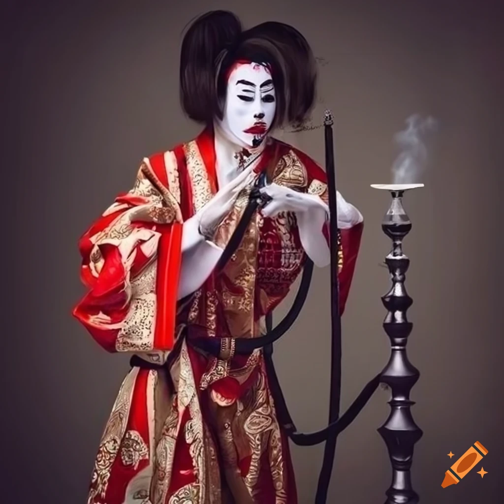 Kabukistyle full body costumes smoking a hookah pipe on Craiyon