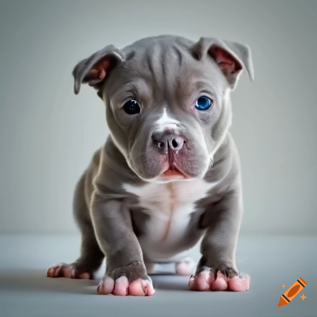 Cute grey pit bull puppy with white patch on chest and left back foot