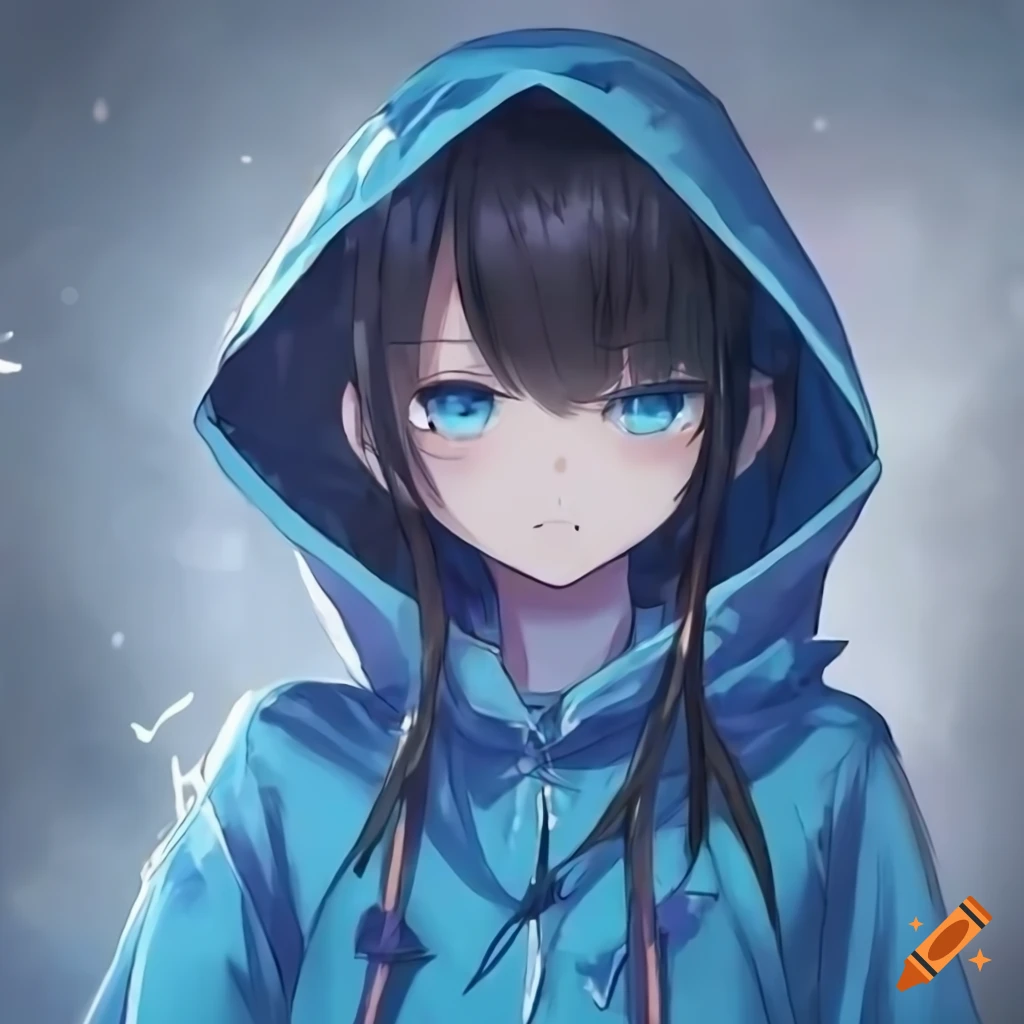 Stunning anime girl with bright blue glowing eyes and a blue hooded ...