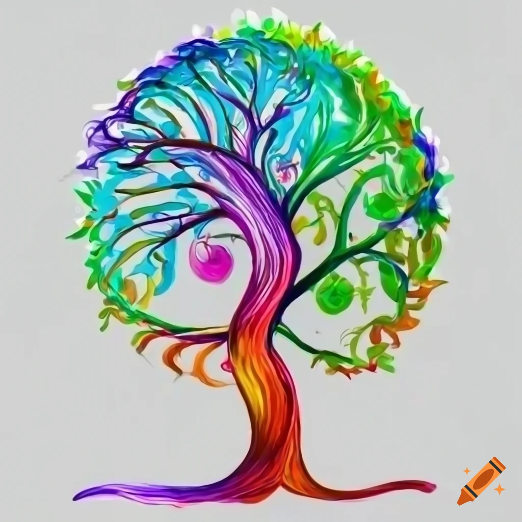 Colorful symmetrical tree of life with spiral branches on white background