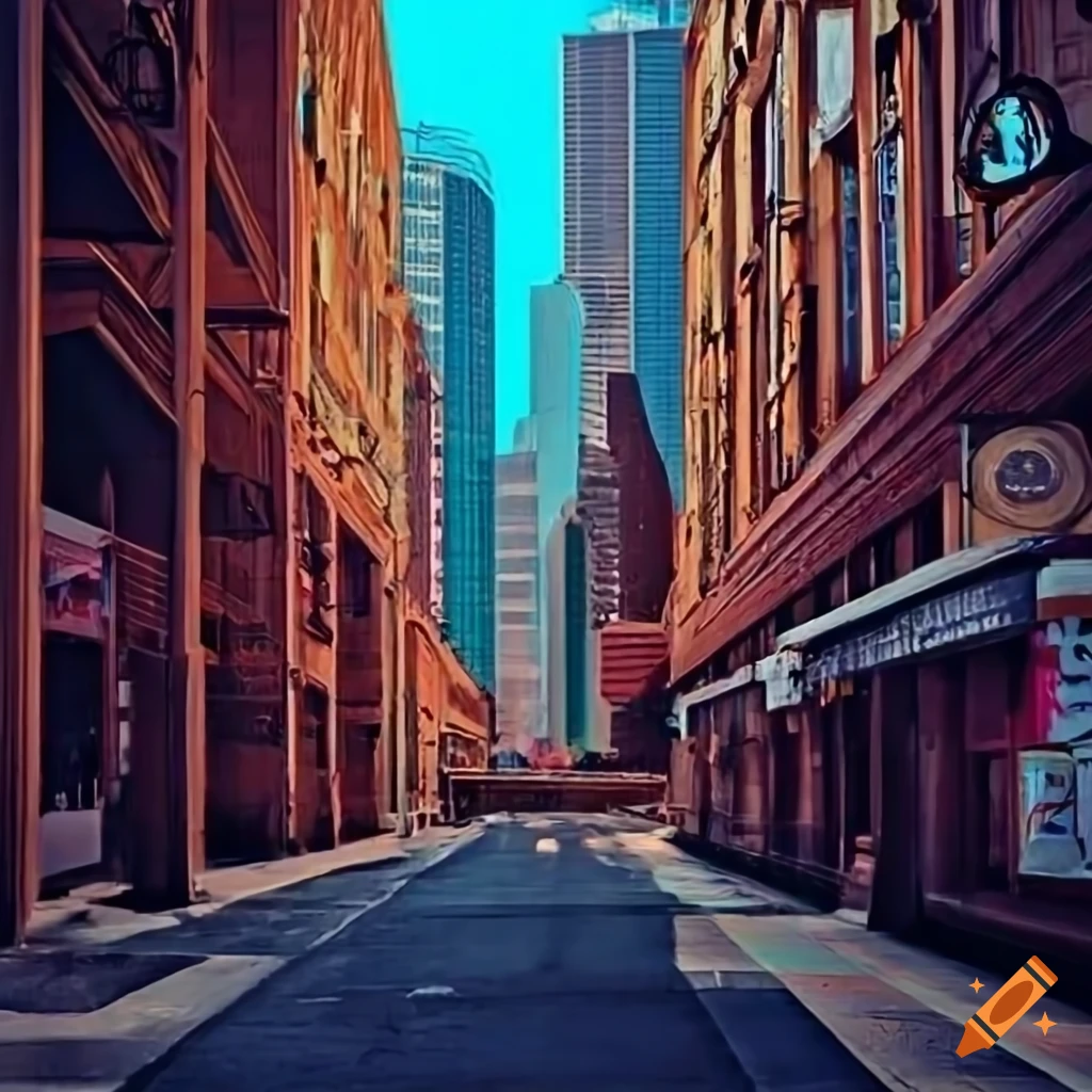 Cartoon-style alley view of Elm Street in Dallas, TX with pedestrians in top hats and Volkswagen Beetles