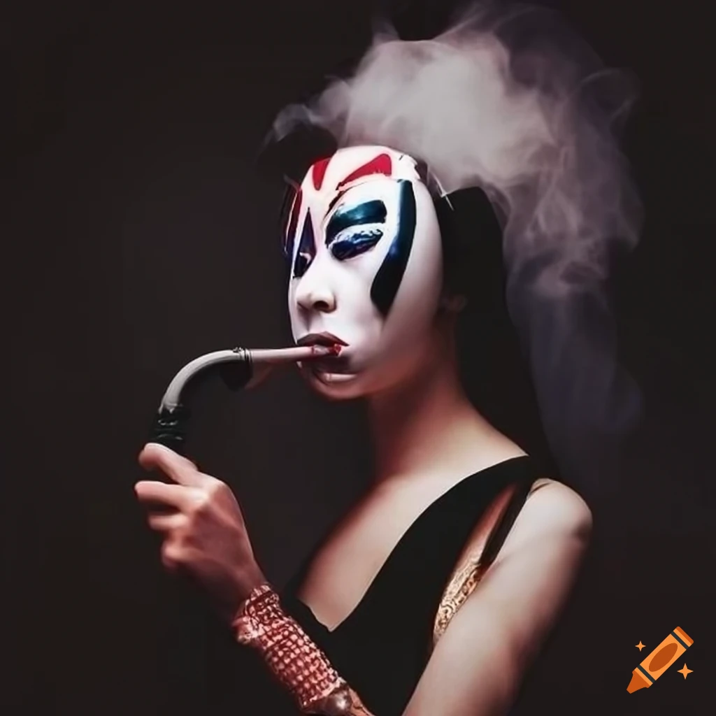Kabukistyle full body costumes smoking a hookah pipe