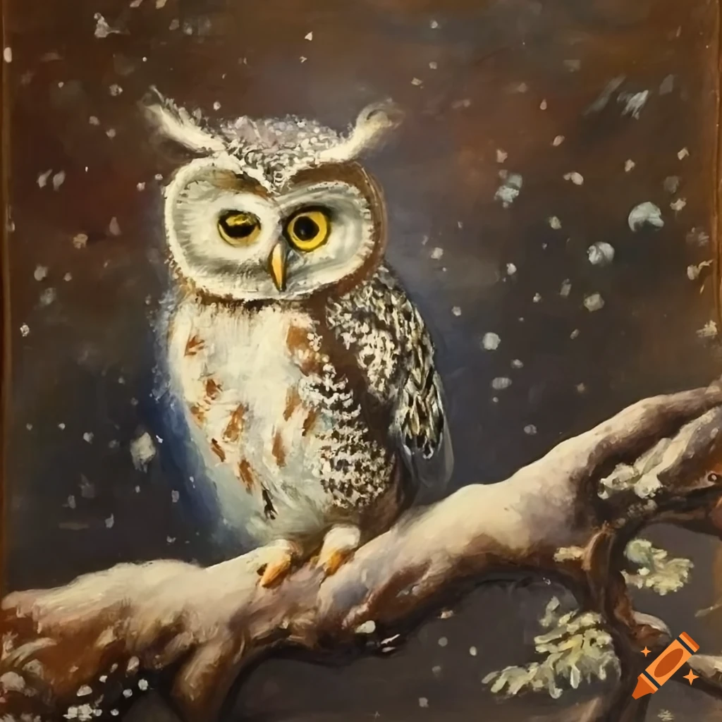 1800s oil painting of owl on snowy branch in winter on Craiyon