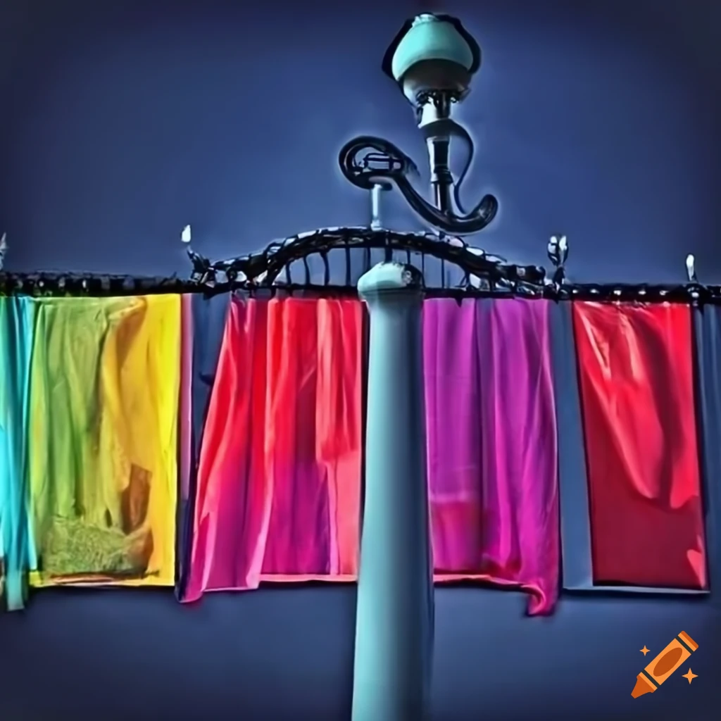 Colorful cloth banners on lampposts in a hyperrealistic style
