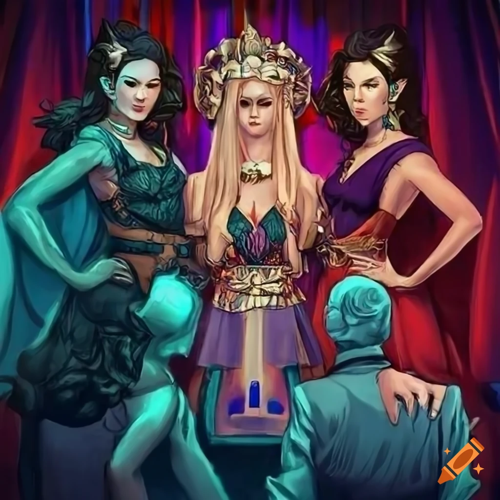 Three celebrities on a game show in a fantasy art style