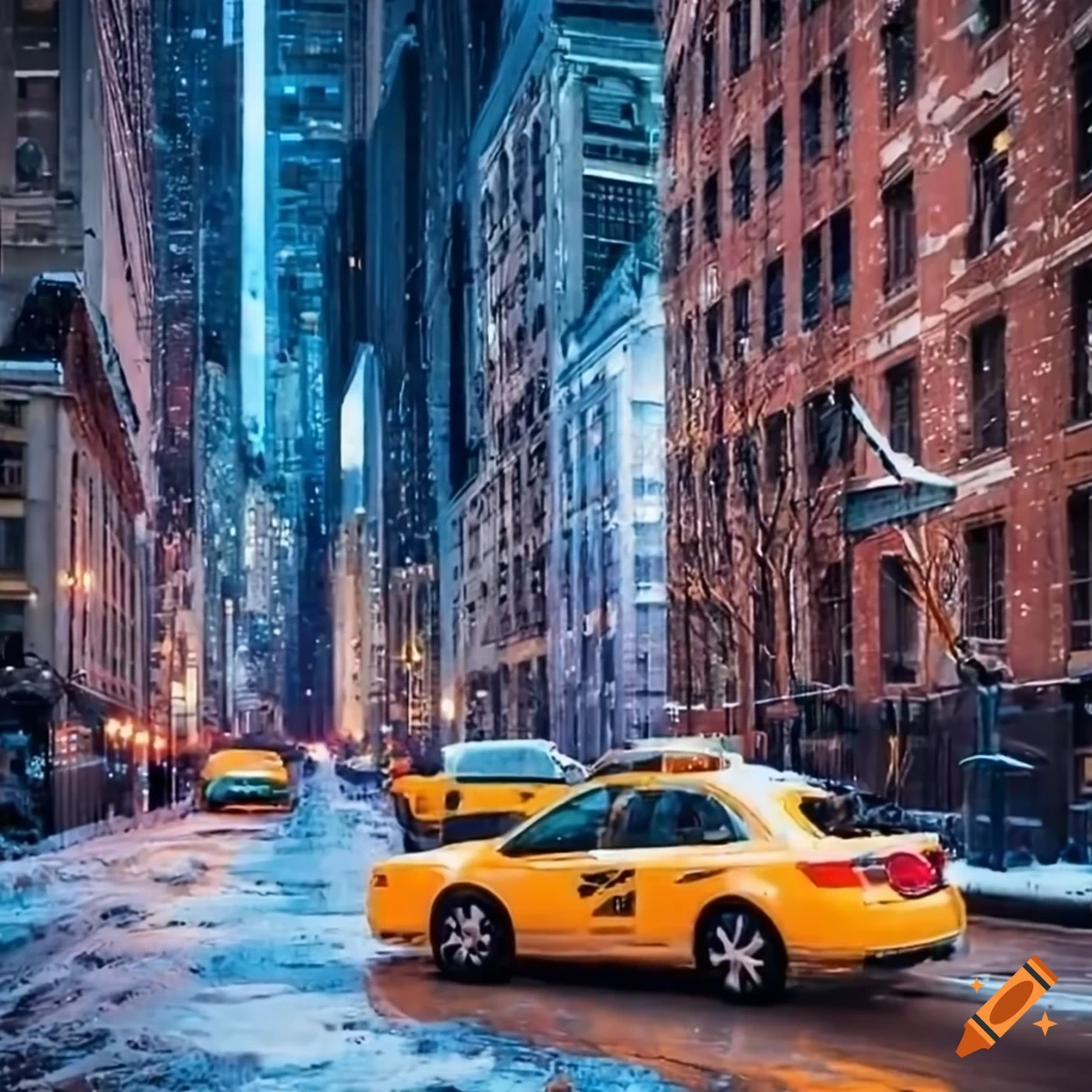 Snowy cityscape with taxi cab and phone booth streetlight in New York City at night