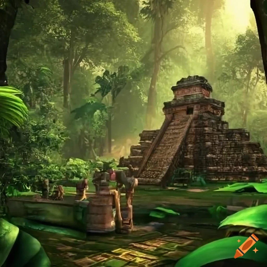 3d render of a jungle party with mayan temples