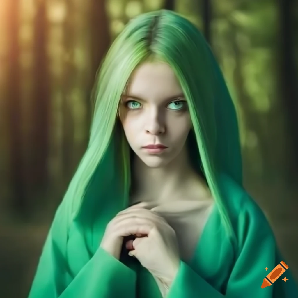 Portrait of a 22 year old woman with green skin, hair, and eyes in a ...