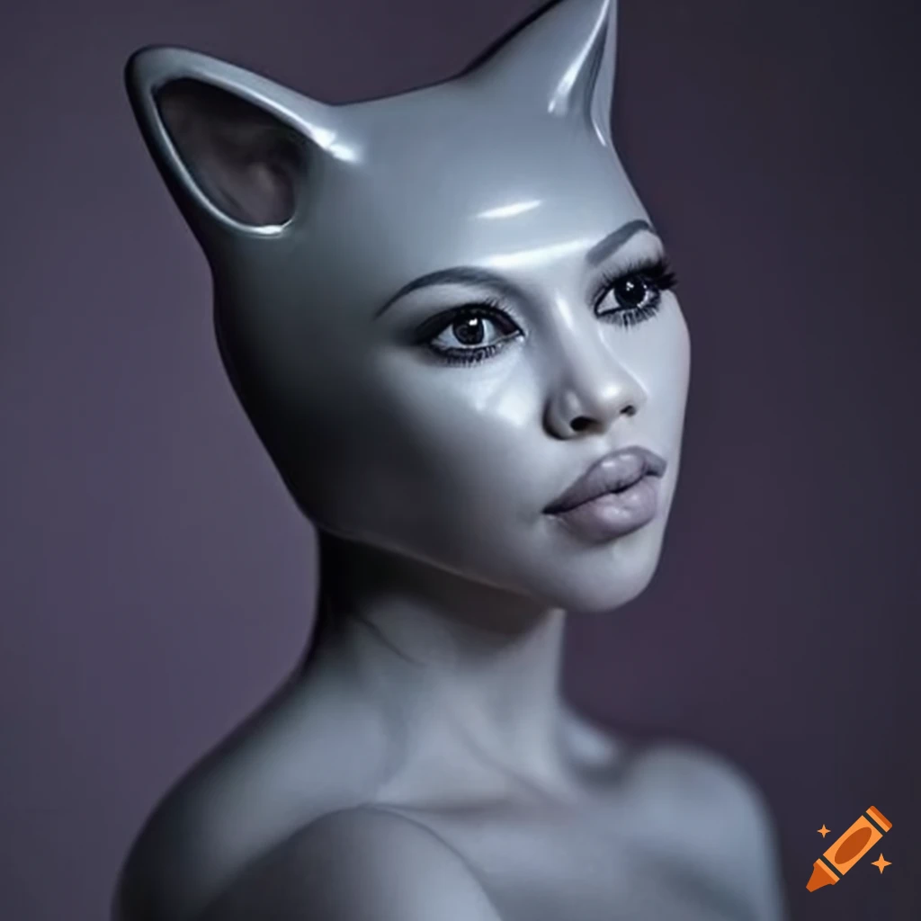 Kourtney kardashian with a cat head in grey transparent latex on Craiyon