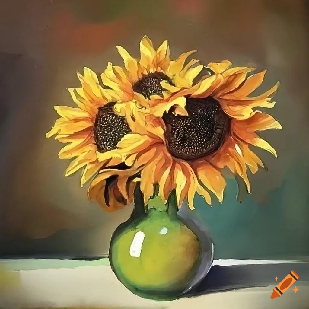 Gouache painting of a sunflower in a vase