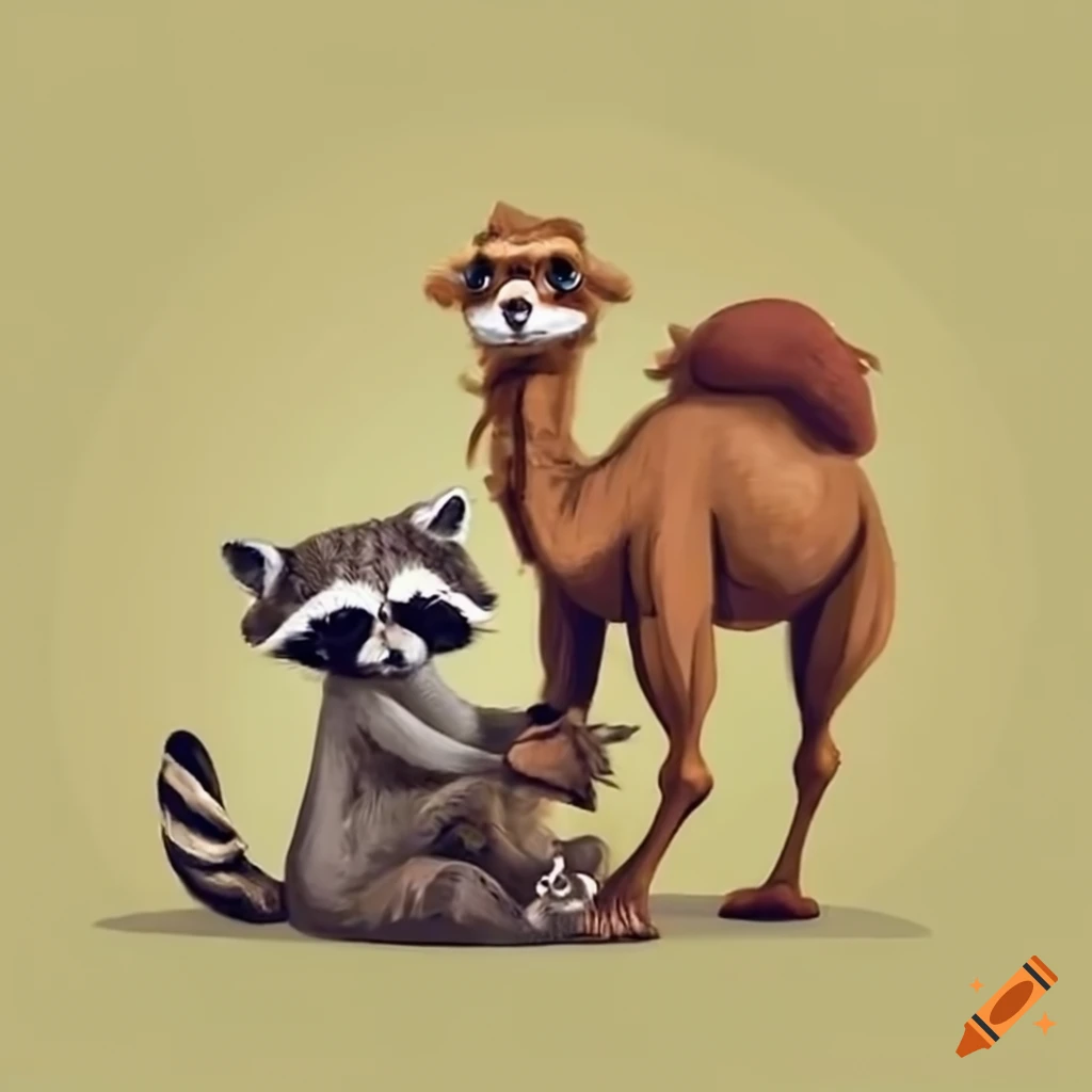 Camel and raccoon playing