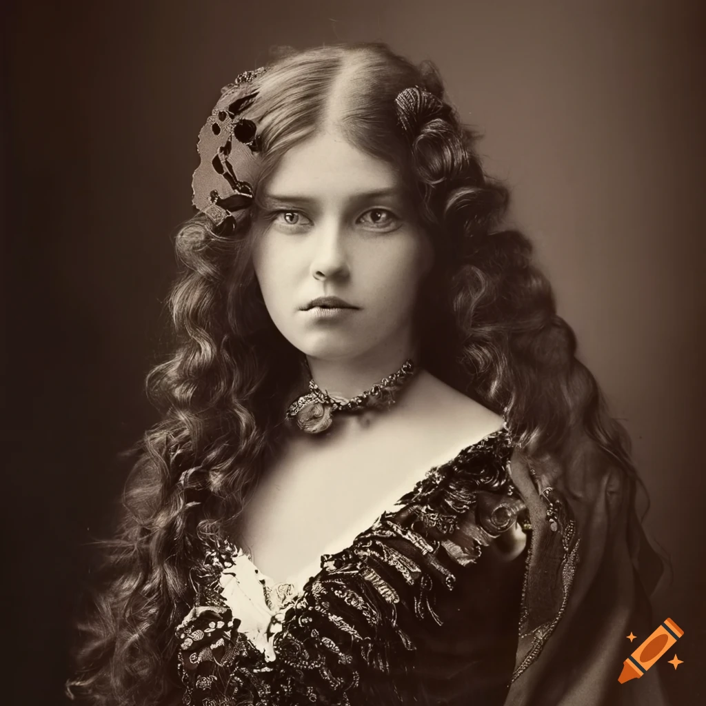 Vintage black and white photograph of a woman in a victorian-era black  ruffle dress on Craiyon