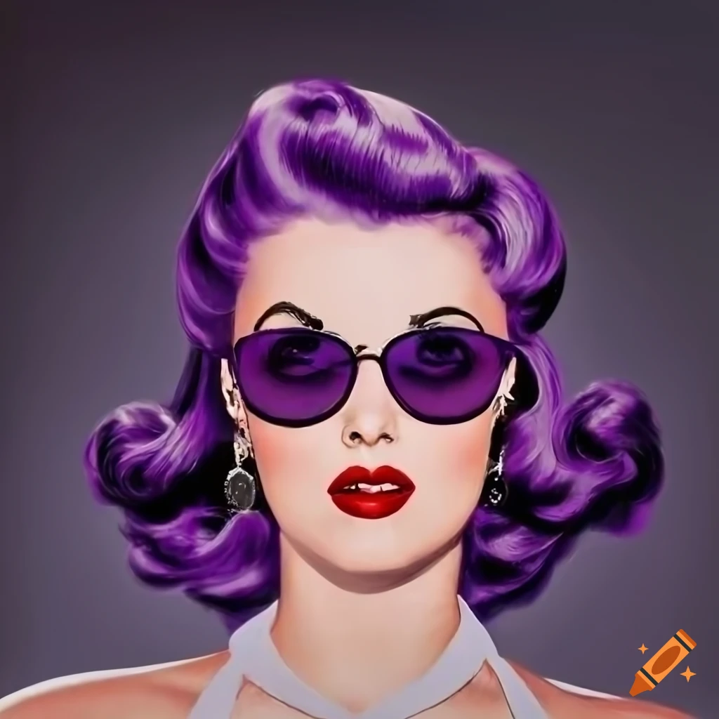 1940's pop art pinup-style woman with dark purple wavy hair and vintage sunglasses