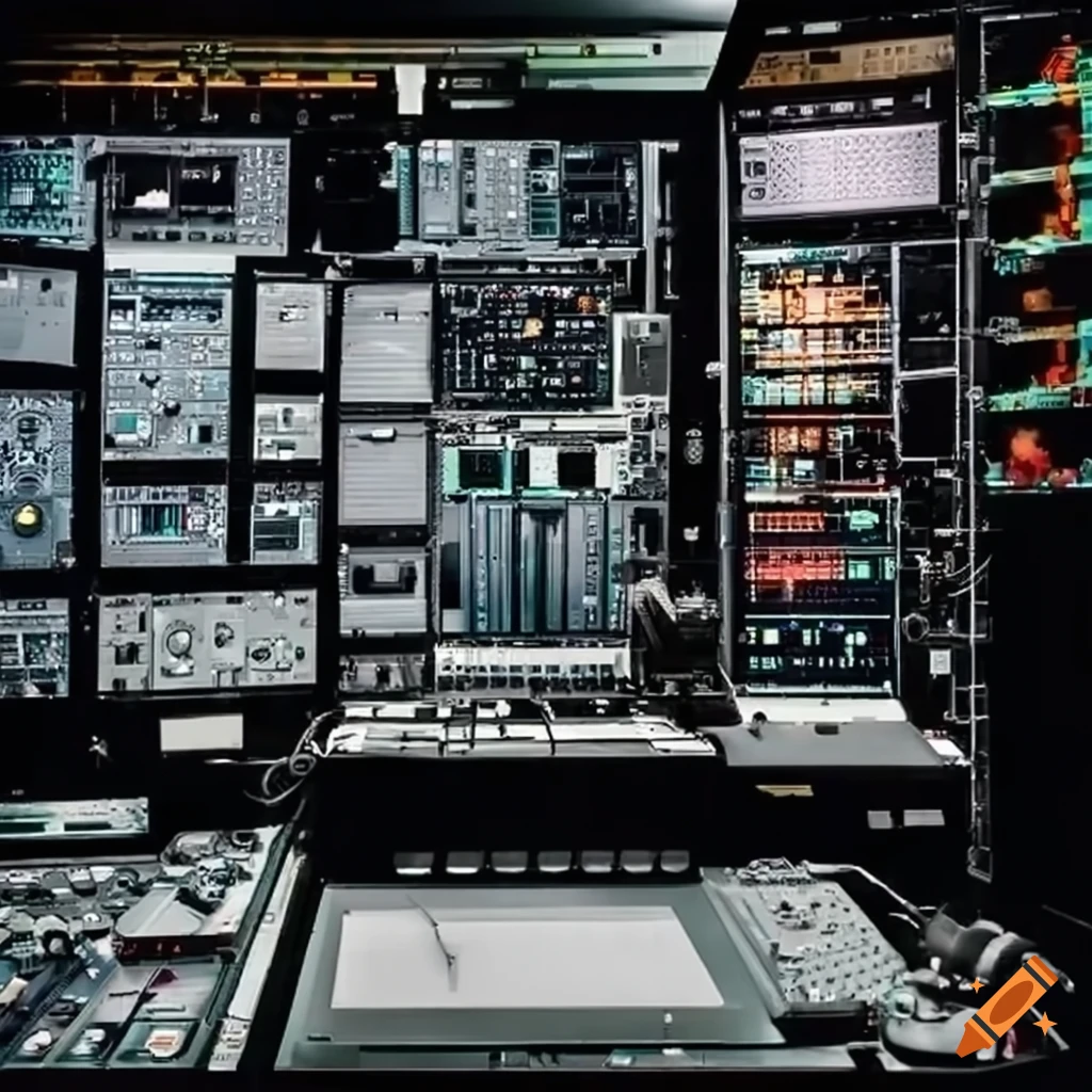 Large control room with multiple screens and machines
