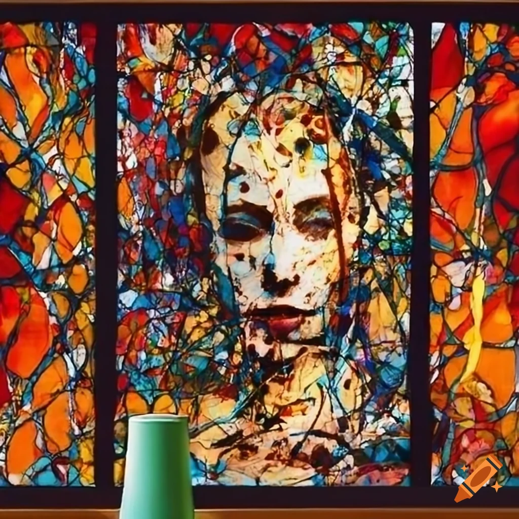 Stained glass window with warm colors in jackson pollock style on Craiyon