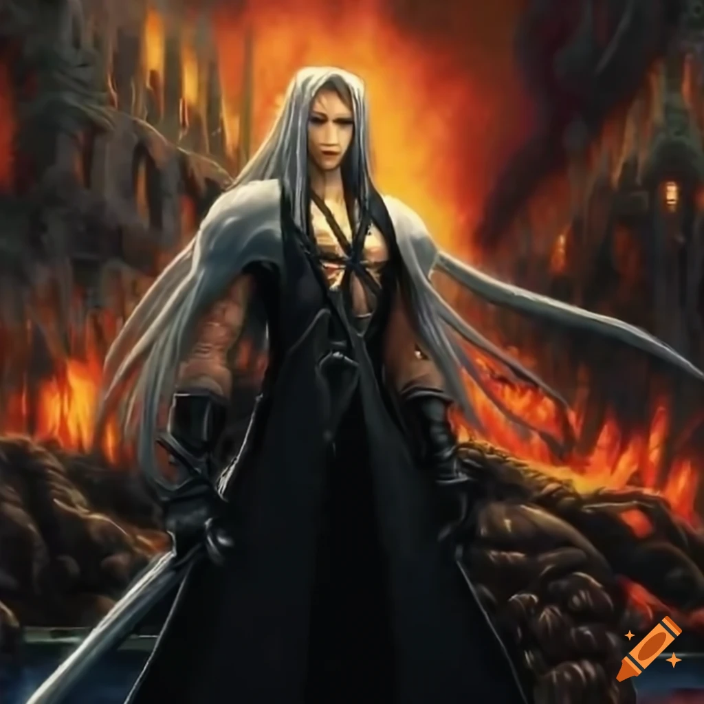 Sephiroth braving the inferno with one black wing in epic detail