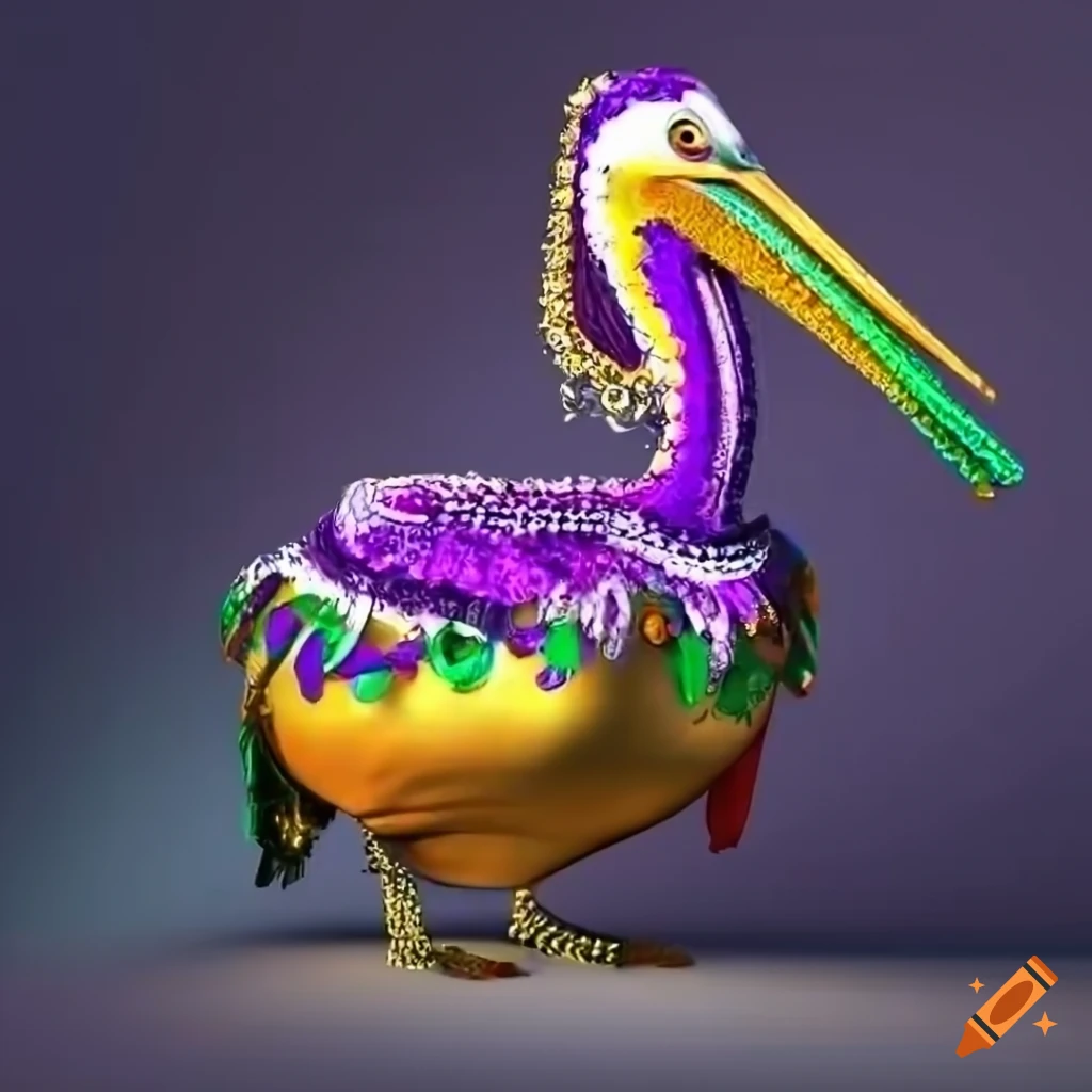 New Orleans pelican with Mardi Gras mask in realistic 3D render