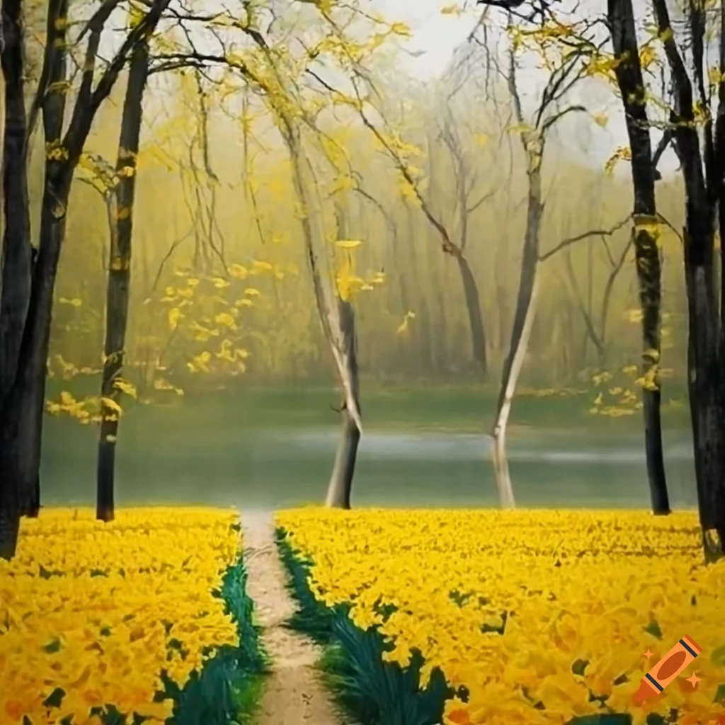 golden-daffodils-fluttering-and-dancing-beside-a-lake-and-beneath-the-trees