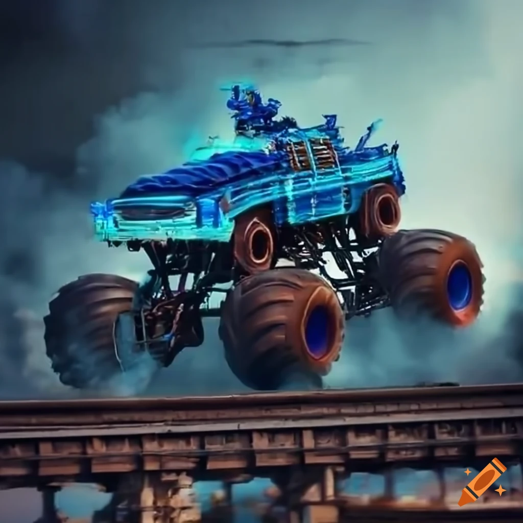 Blue monster truck on a train bridge with billowing smoke