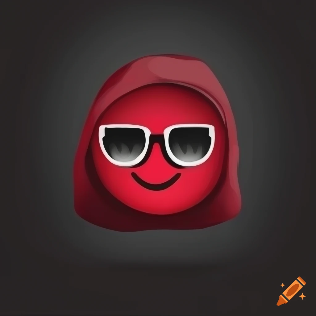 Black and white smile emoji with red sunglasses and hood on dark