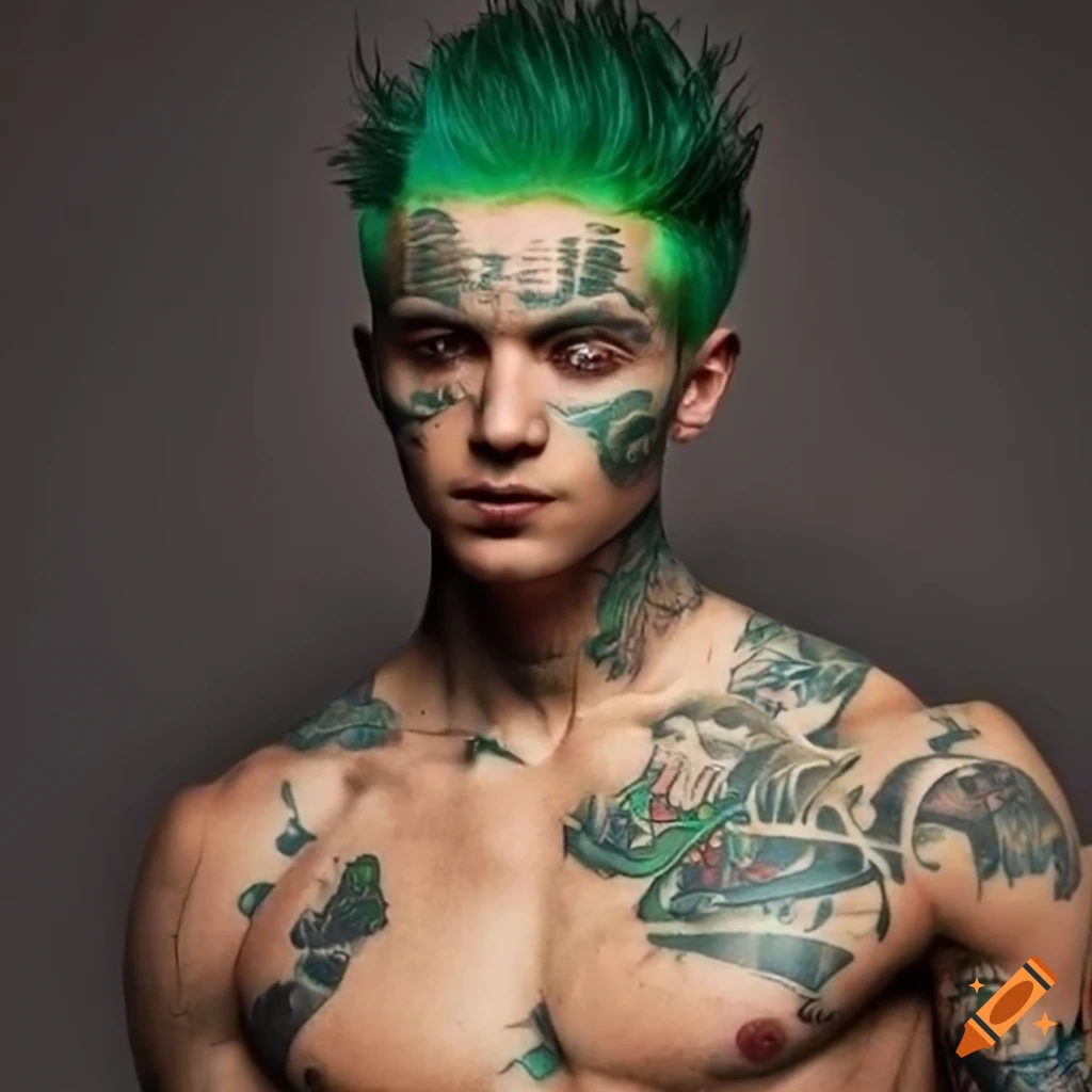 Handsome muscular man with spiked dark green hair