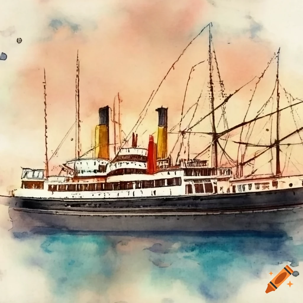 1800s steamship at sea in watercolor