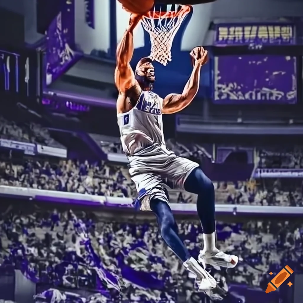 Bearded giant slam dunking on basketball hoop with shattered glass in a