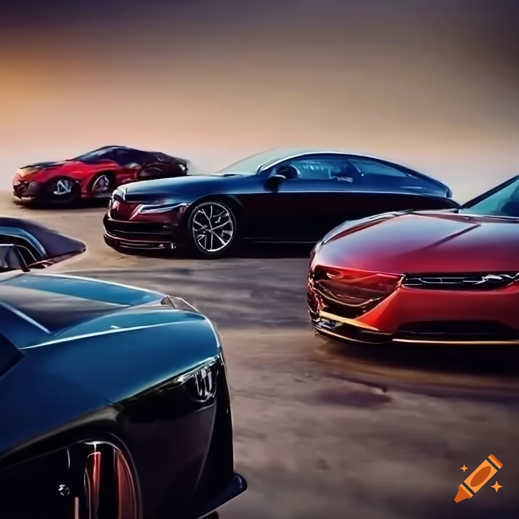 Six luxury cars parked at a high-end dealership showroom