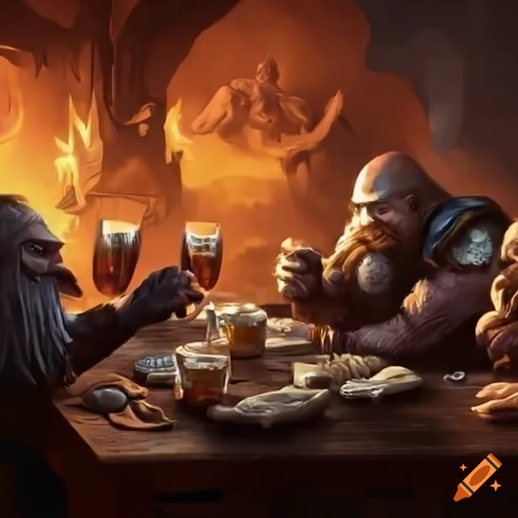 Group of fantasy dwarves playing games and drinking at a table