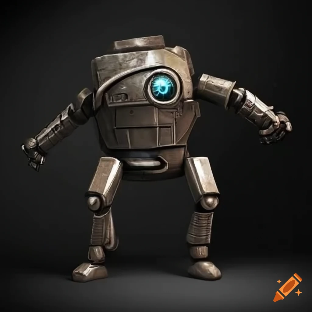 Retro-futuristic robot with a medieval dwarf appearance and a large pickaxe