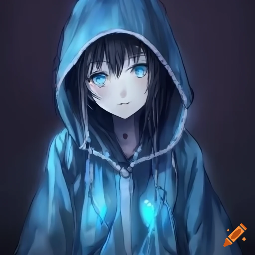 Creepy Anime Girl With Bright Blue Glowing Eyes And A Blue Hooded Raincoat 4457