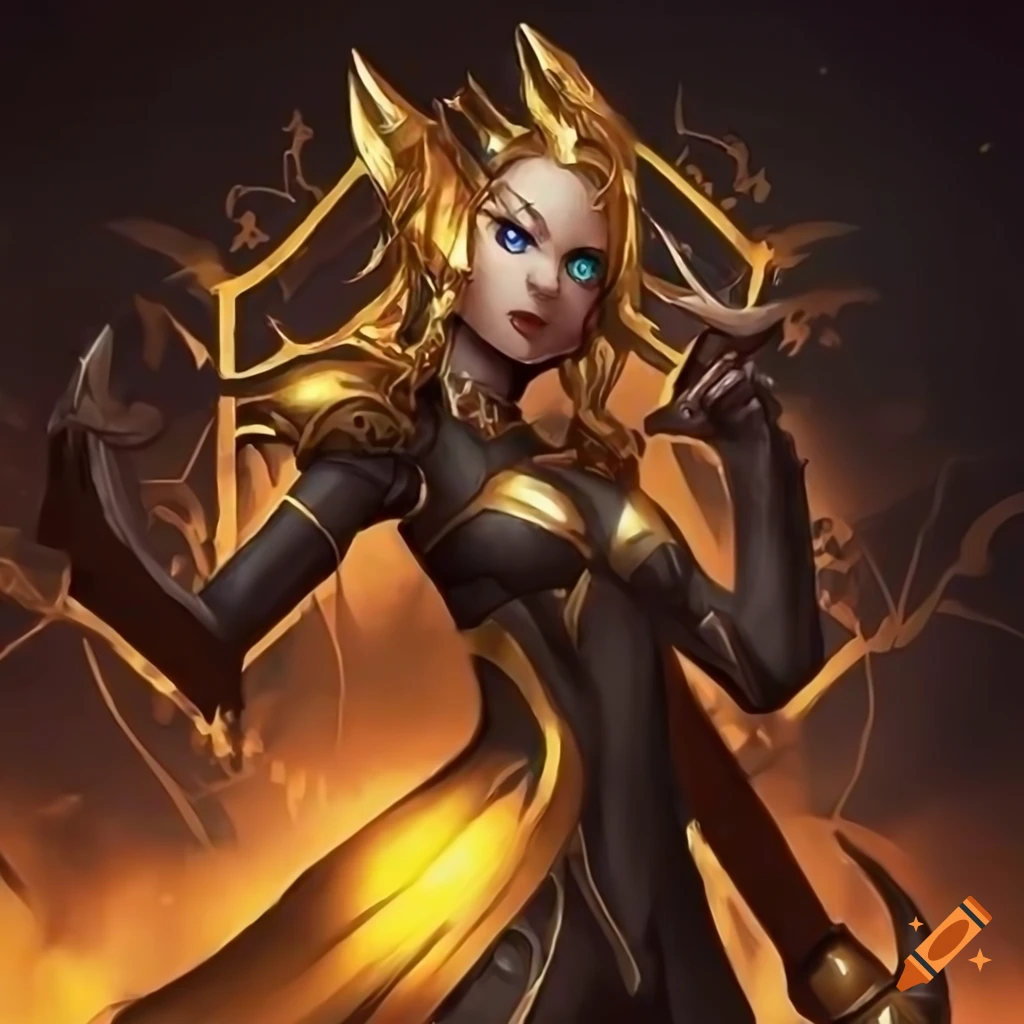 Powerful warforged girl summoner with black and gold features