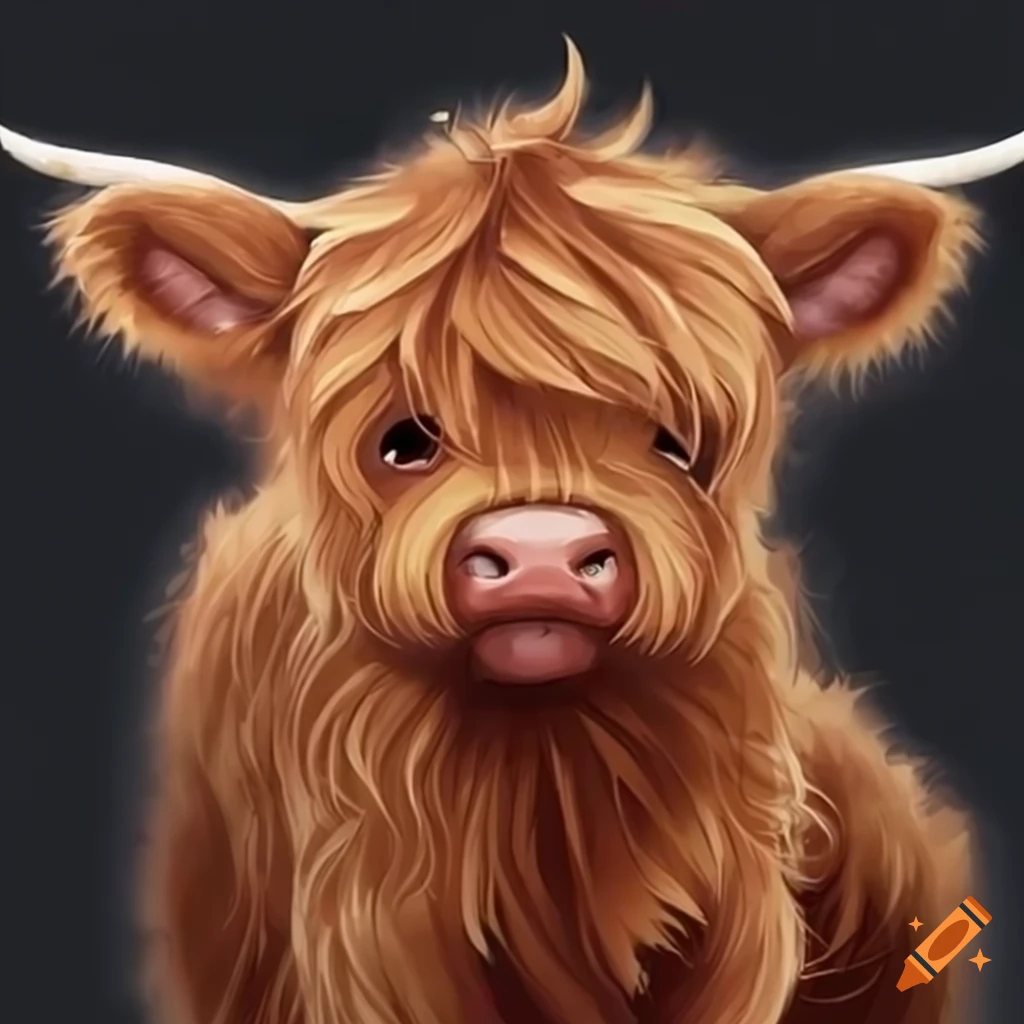 Adorable baby highland cow in anime style