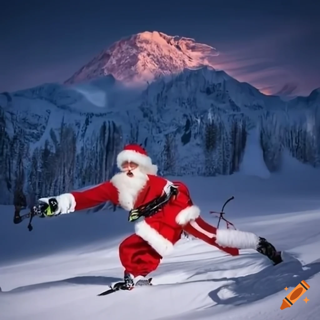 Comical downhill skiing fall in santa clothes