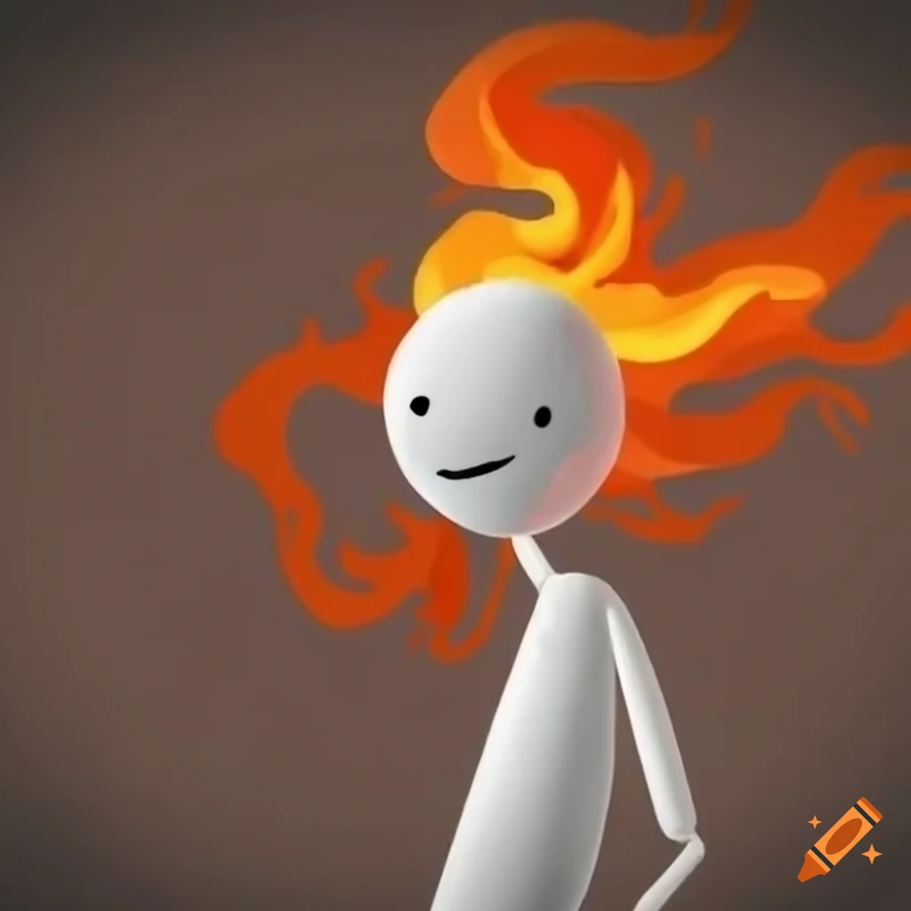 Cartoonish white stickman with flaming hair on orange background