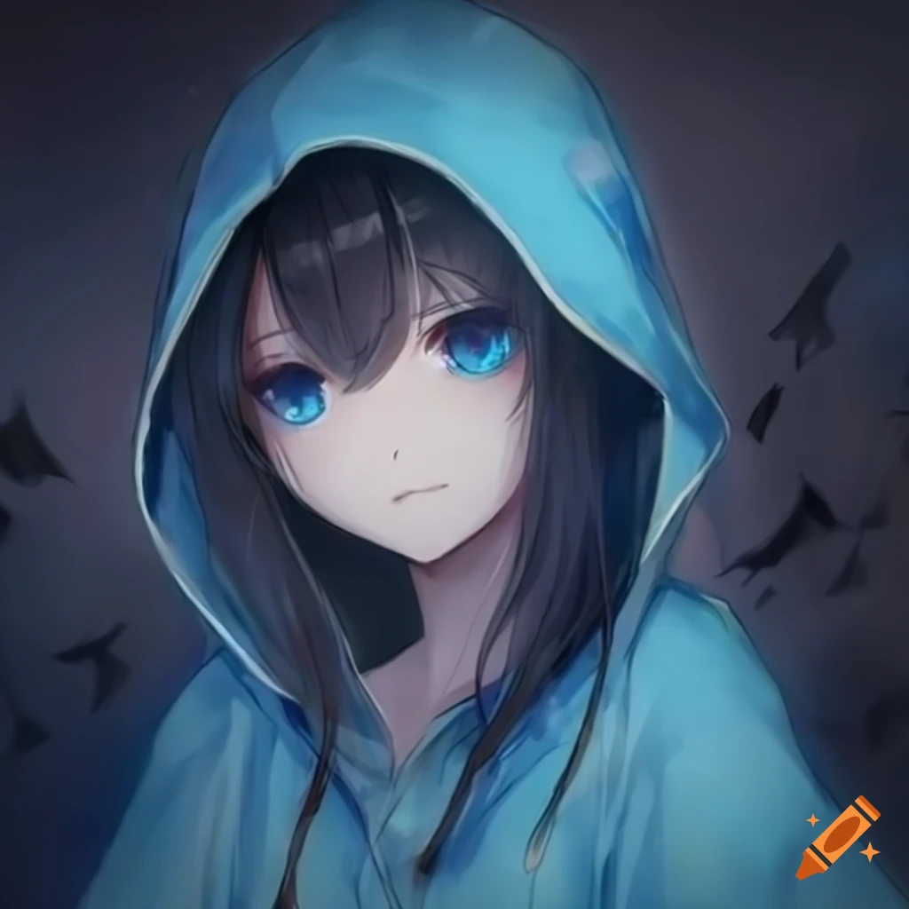 Creepy Anime Girl With Bright Blue Glowing Eyes And Black Hair Wearing A Blue Hooded Raincoat 2445