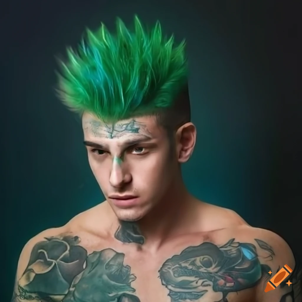 Handsome muscular man with spiked dark green hair